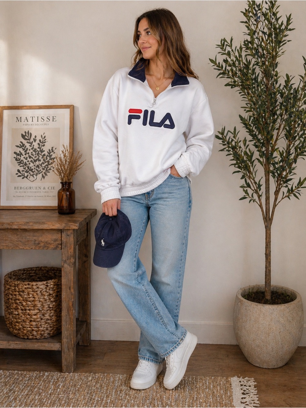 Fila White Quarter-Zip Pullover with Navy Logo and Red Accent